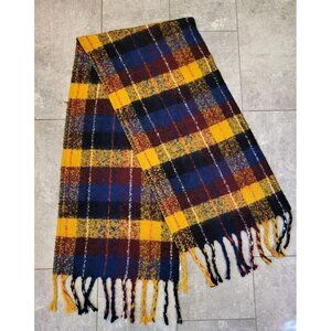 New Burgundy Blue Yellow Plaid Soft Wide Scarf Fringe Aldo 83"x 21"